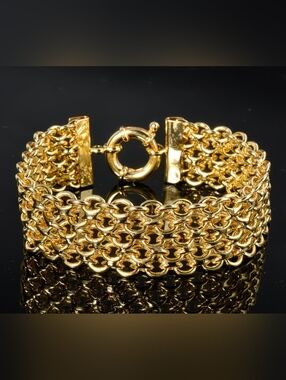 NWT GLAM WIDE! SOLID 14K YELLOW GOLD OVER STAINLESS STEEL BISMARK BRACELET 8"